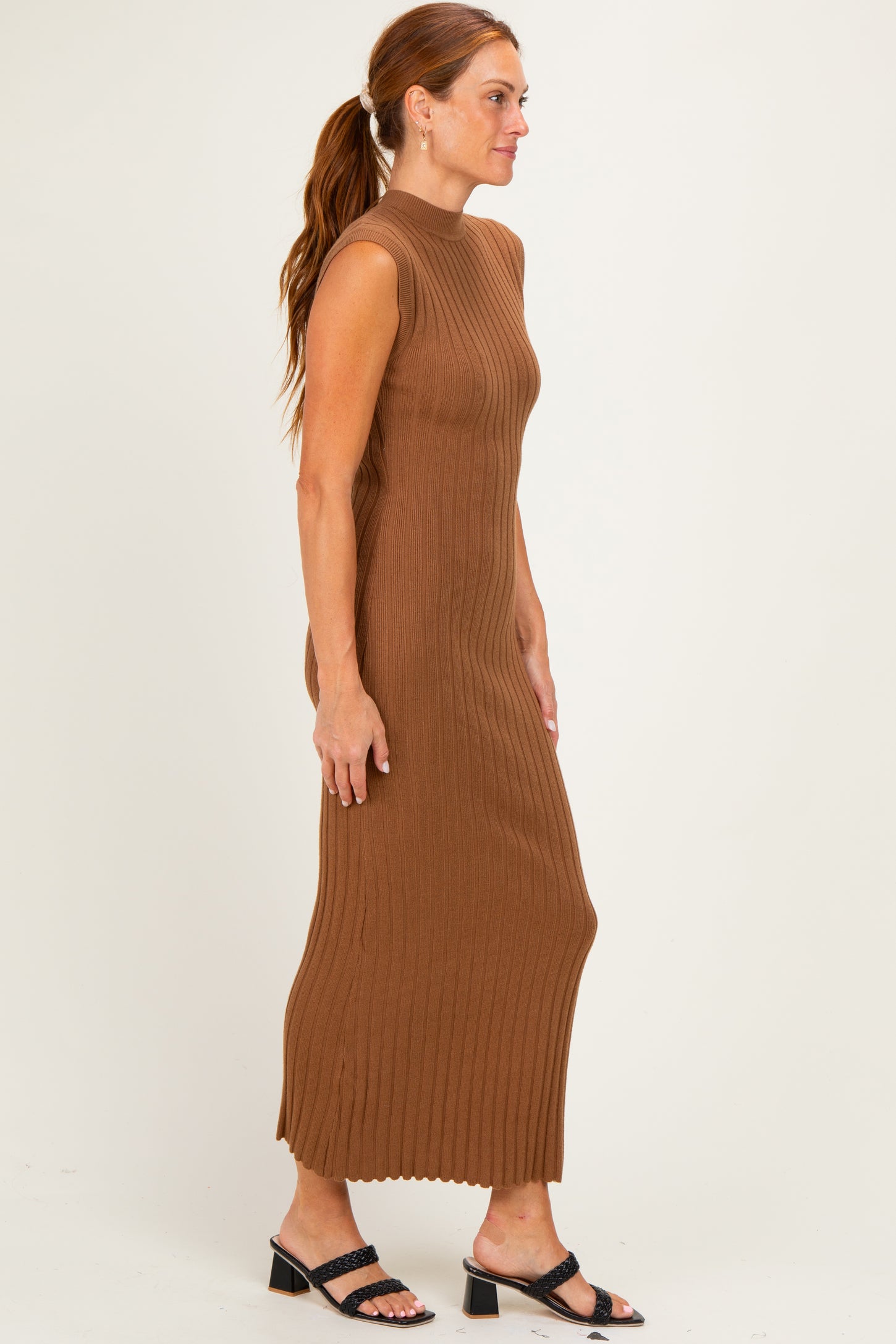 Mocha Ribbed Knit Mock Neck Maxi Dress