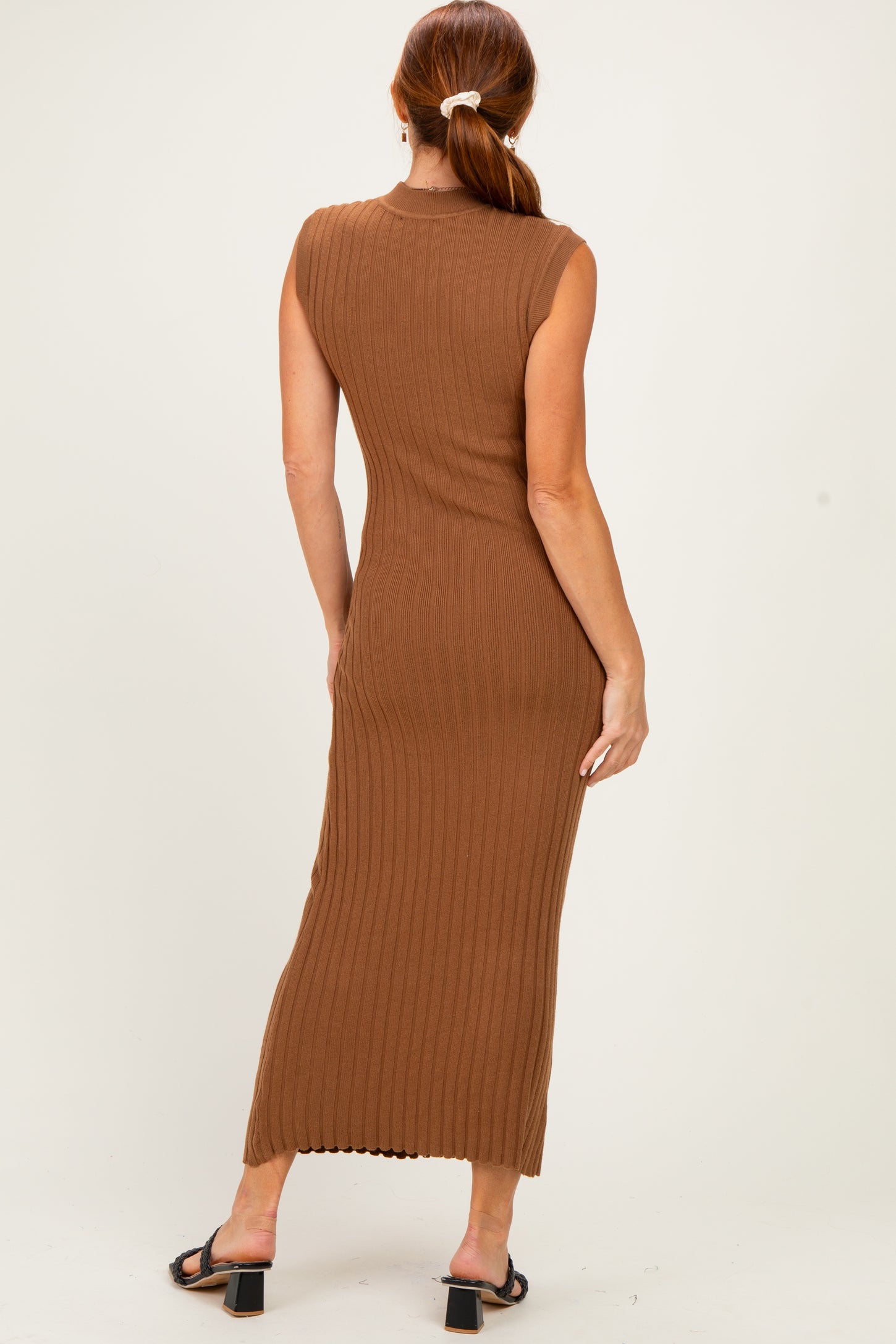 Mocha Ribbed Knit Mock Neck Maxi Dress