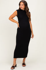 Black Ribbed Knit Mock Neck Maternity Maxi Dress