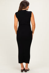 Black Ribbed Knit Mock Neck Maternity Maxi Dress