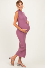 Mauve Ribbed Knit Mock Neck Maternity Maxi Dress
