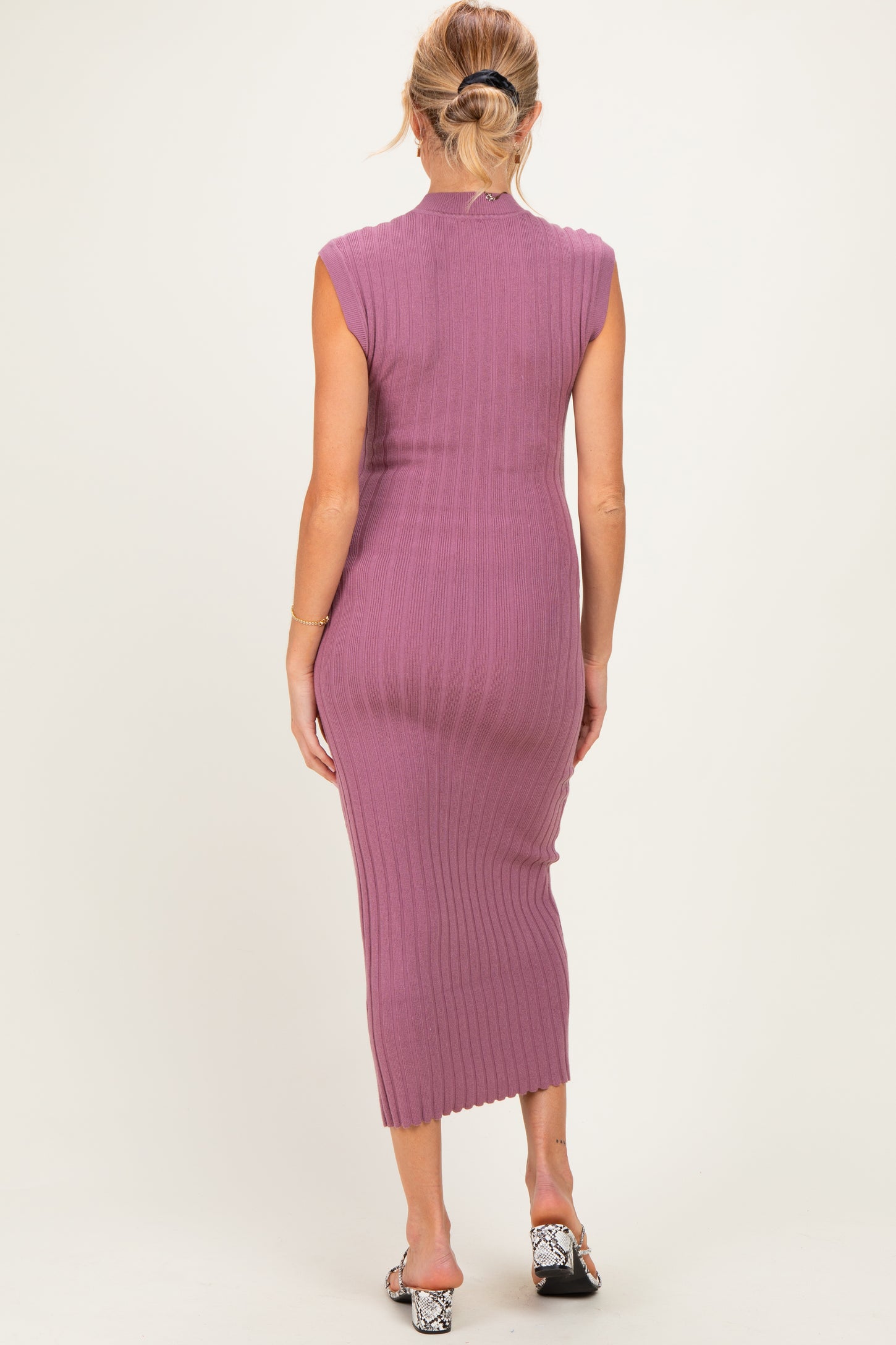 Mauve Ribbed Knit Mock Neck Maternity Maxi Dress