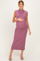 Mauve Ribbed Knit Mock Neck Maternity Maxi Dress