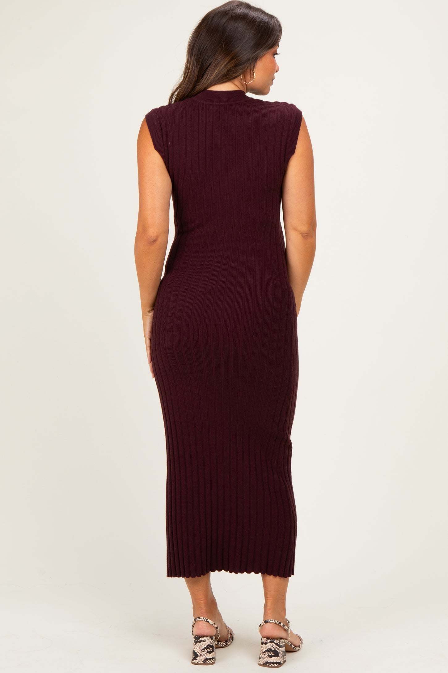 Burgundy Ribbed Knit Mock Neck Maternity Maxi Dress