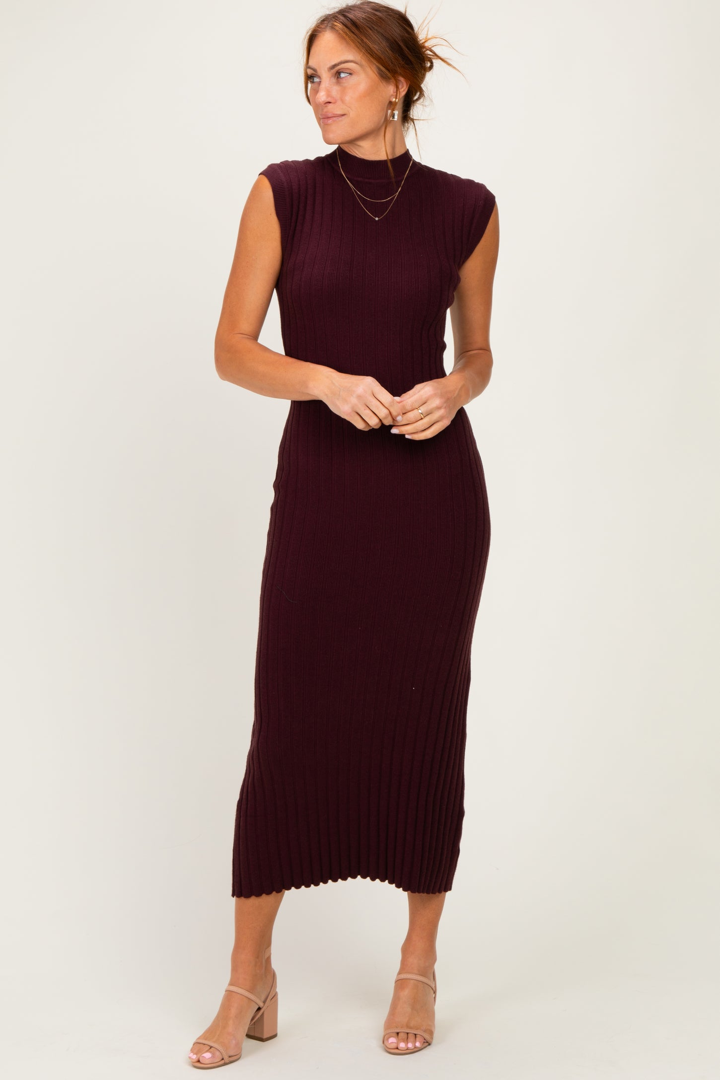 Burgundy Ribbed Knit Mock Neck Maxi Dress – PinkBlush