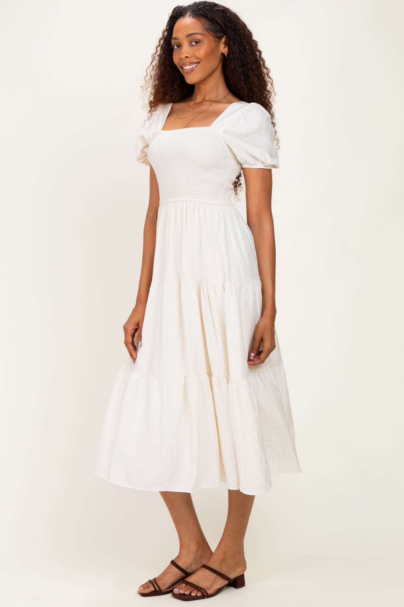 Natural Smocked Puff Sleeve Tiered Linen Midi Dress