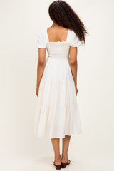 Natural Smocked Puff Sleeve Tiered Linen Midi Dress