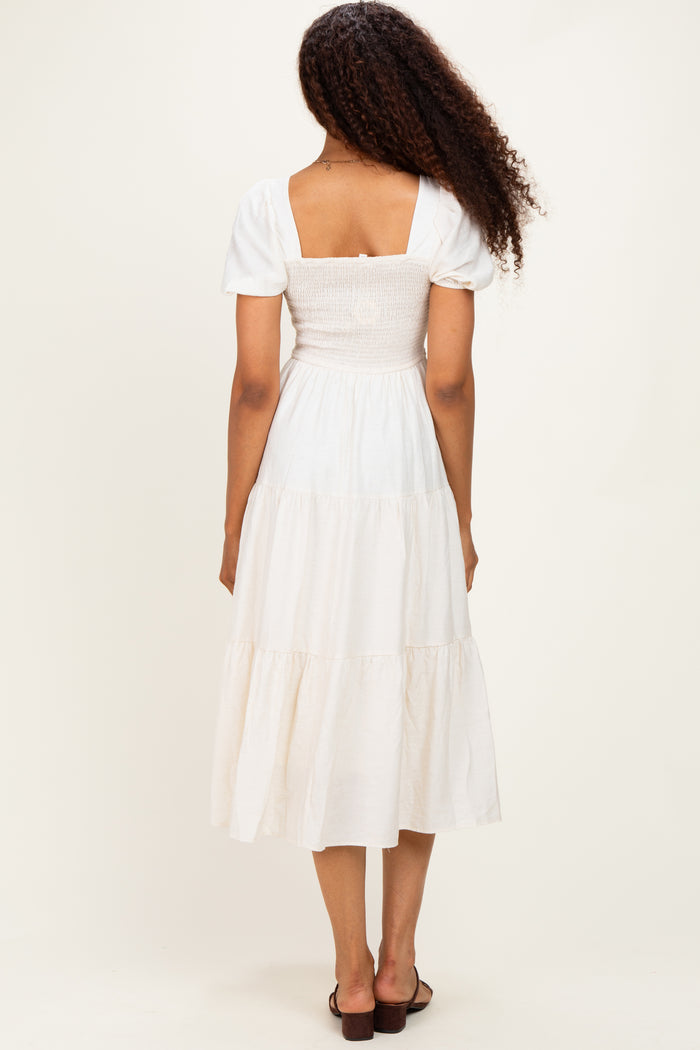 Natural Smocked Puff Sleeve Tiered Linen Midi Dress