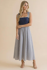 Navy Polka Dot Stripe Shoulder Tie Midi Dress