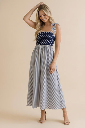 Navy Polka Dot Stripe Shoulder Tie Midi Dress