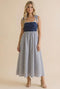 Navy Polka Dot Stripe Shoulder Tie Midi Dress