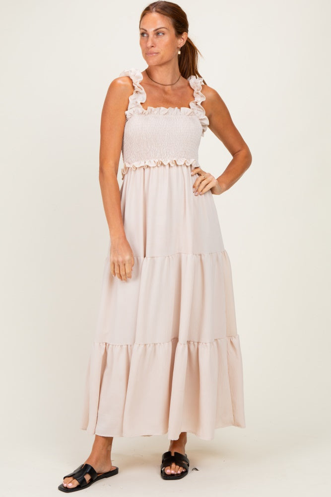 beige tiered maxi dress BEIGE DEEP V-NECK TIERED PLEATED MAXI DRESS