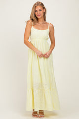 Yellow Eyelet Lace Sleeveless Ruffle Hem Maternity Maxi Dress