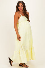 Yellow Eyelet Lace Sleeveless Ruffle Hem Maternity Maxi Dress