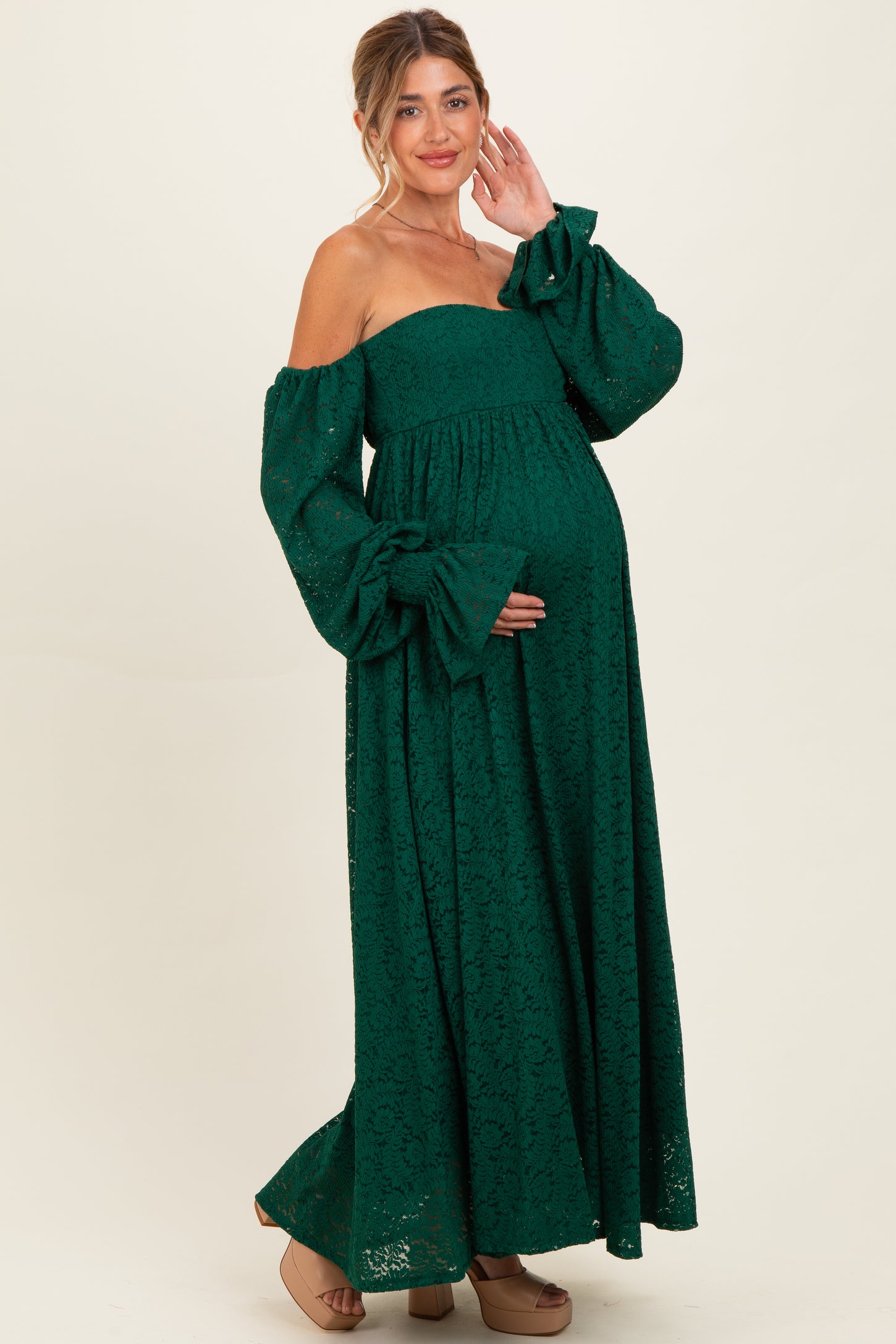 Hunter Green Lace Floral Long Sleeve Maternity Photoshoot Gown/Dress PinkBlush Hunter Green Lace Floral Long Sleeve Maternity Photoshoot Gown/Dress PinkBlush