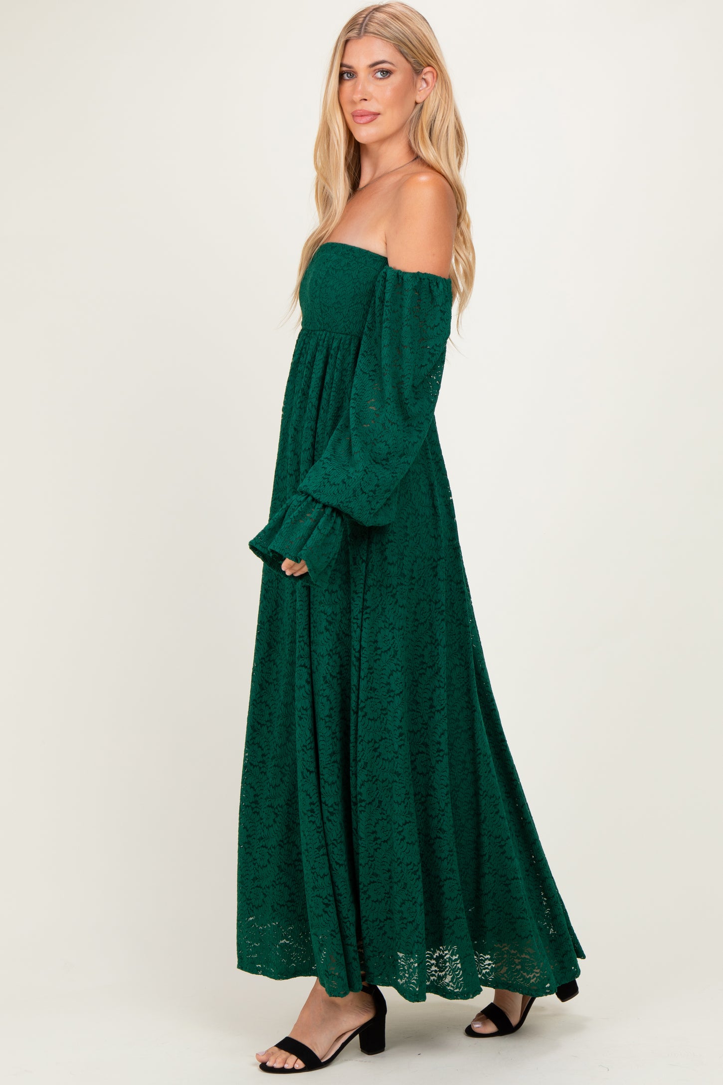 Hunter Green Lace Floral Long Sleeve Maternity Photoshoot Gown/Dress
