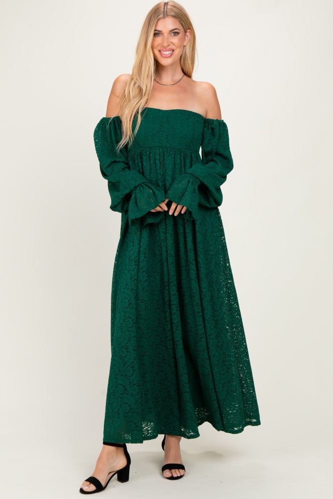 Hunter Green Lace Floral Long Sleeve Photoshoot Gown/Dress