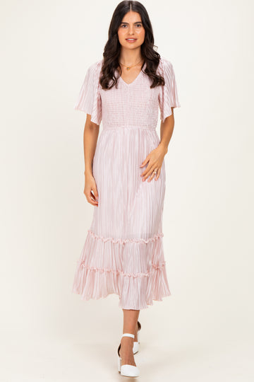 Pink Pleated Satin Smocked Midi Dress