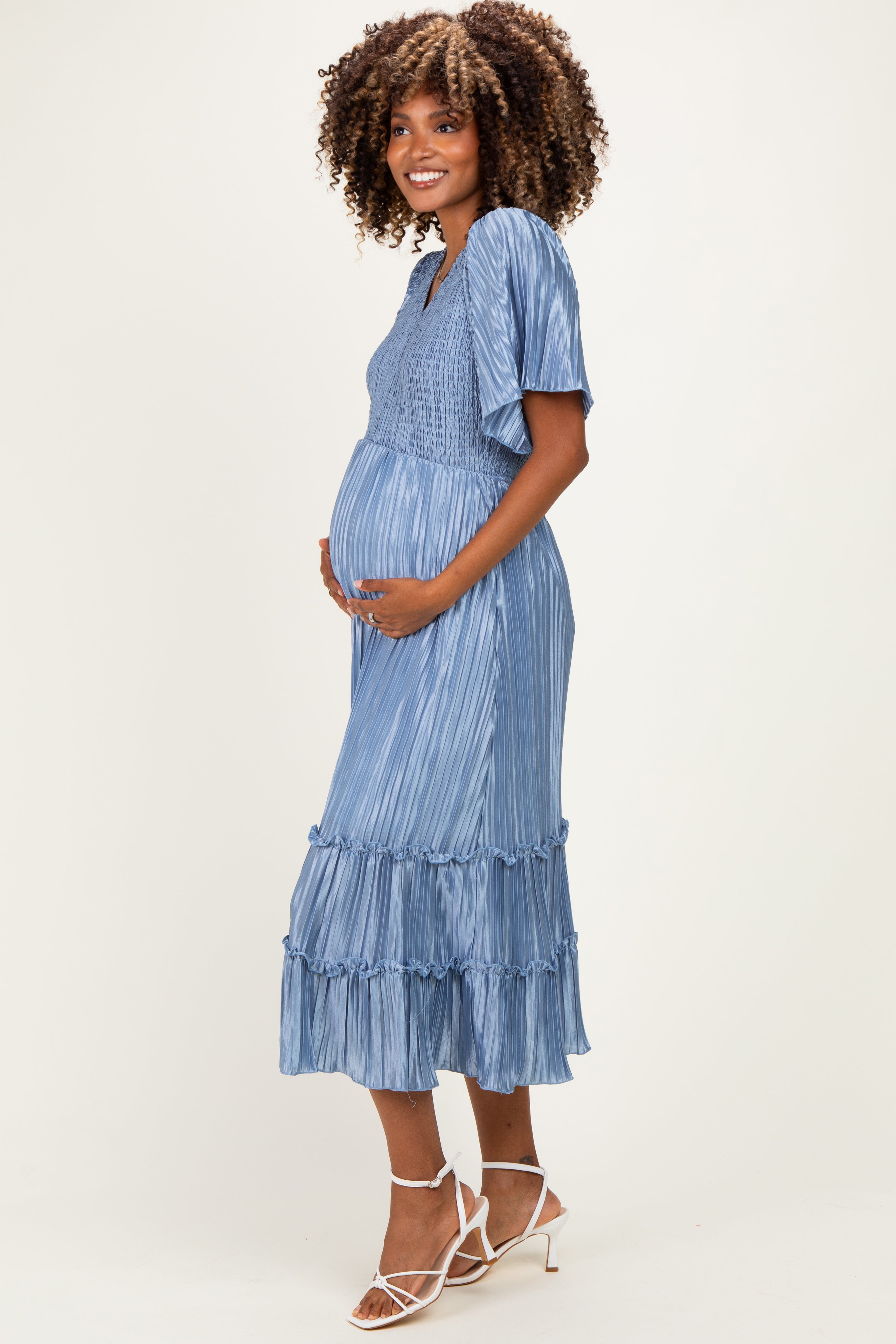 Blue Pleated Satin Smocked Maternity Midi Dress – PinkBlush