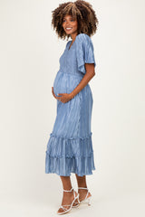 Blue Pleated Satin Smocked Maternity Midi Dress