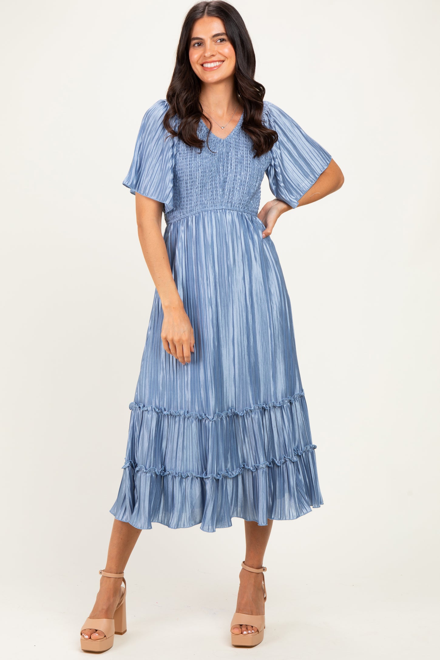 Blue Pleated Satin Smocked Maternity Midi Dress