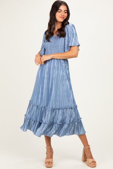 Blue Pleated Satin Smocked Midi Dress