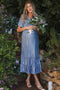 Blue Pleated Satin Smocked Maternity Midi Dress