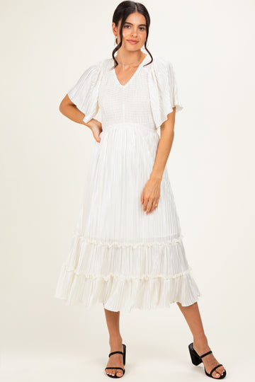 Cream Pleated Satin Smocked Midi Dress