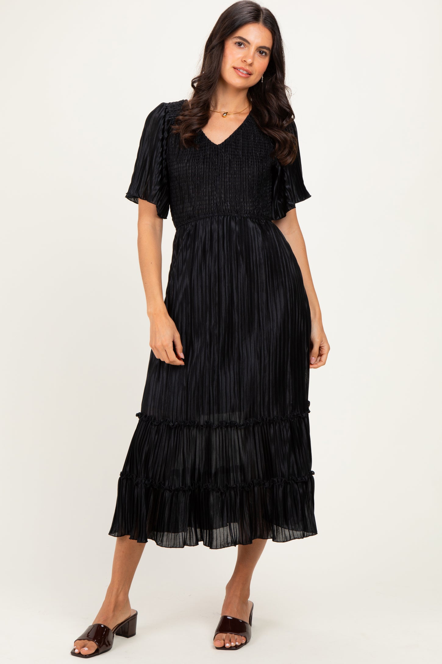 Black Pleated Satin Smocked Midi Dress