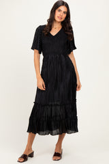 Black Pleated Satin Smocked Midi Dress