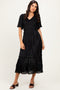 Black Pleated Satin Smocked Midi Dress