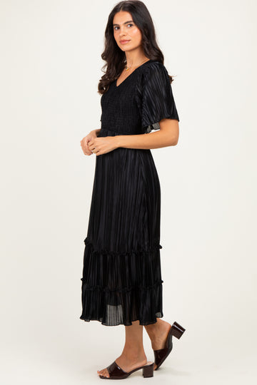 Black Pleated Satin Smocked Midi Dress