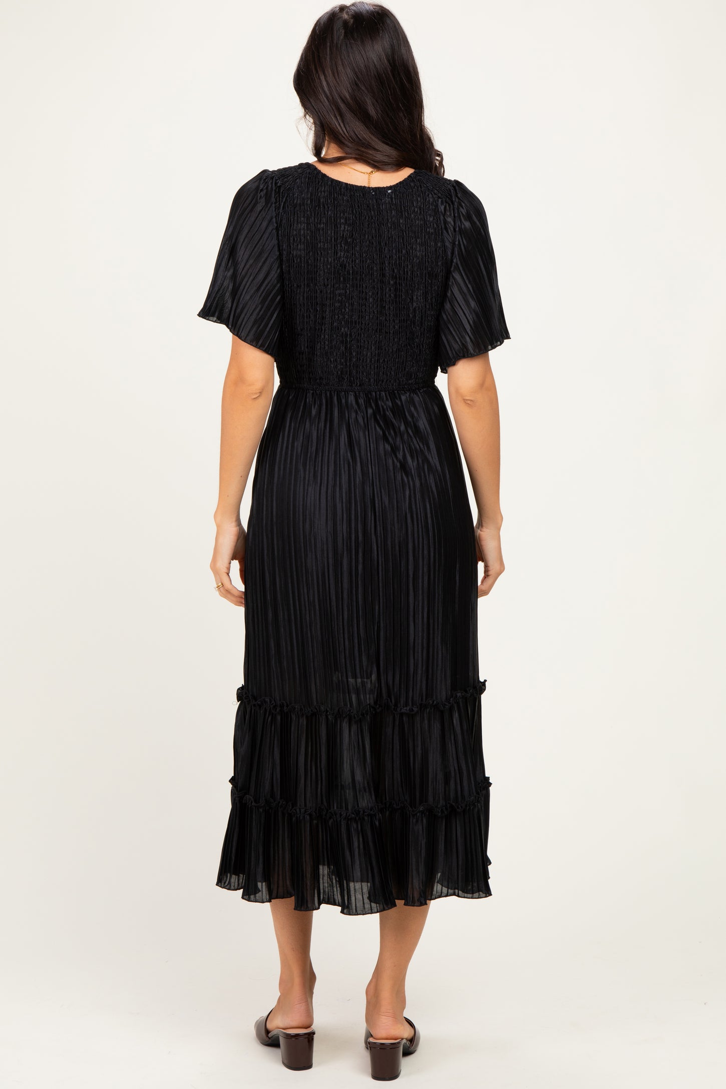 Black Pleated Satin Smocked Midi Dress