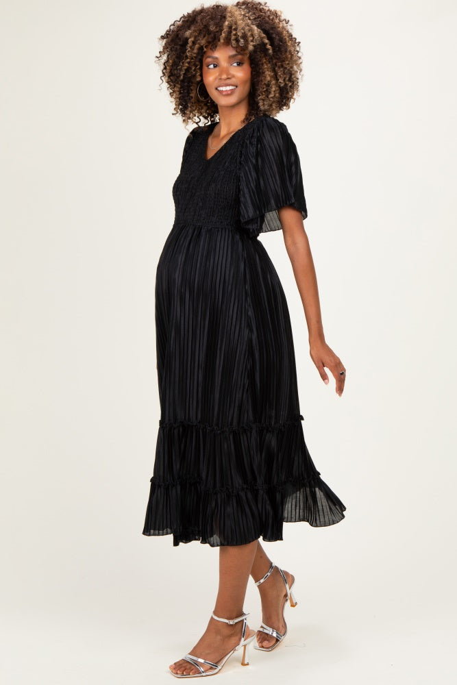 Black Pleated Satin Smocked Maternity Midi Dress
