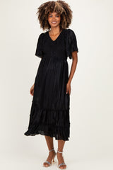Black Pleated Satin Smocked Maternity Midi Dress