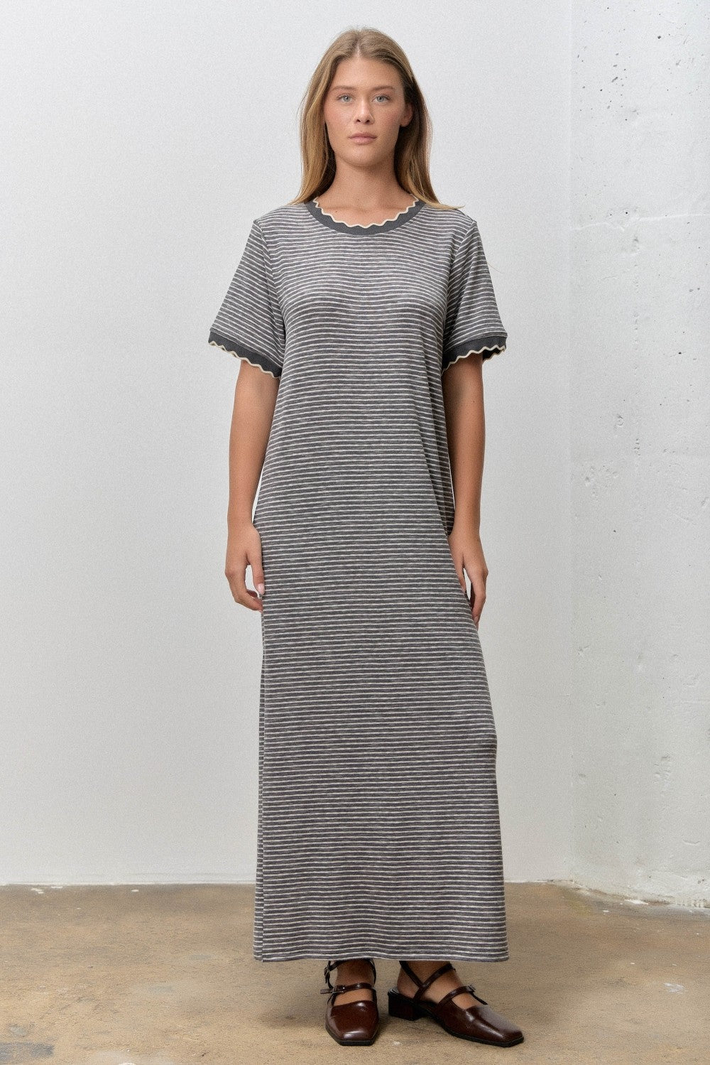 scallop maxi dress Charcoal Striped Knit Accent Chunky Heels finished with smocking at Size and Pocket Option:XL Max Studio London tiered