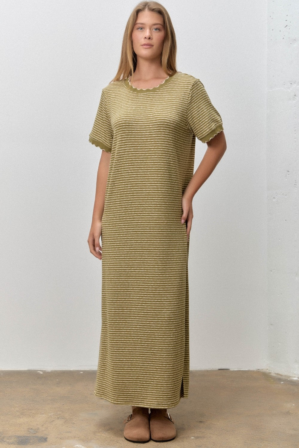 Olive Striped Knit Scallop Accent Maternity Maxi Dress