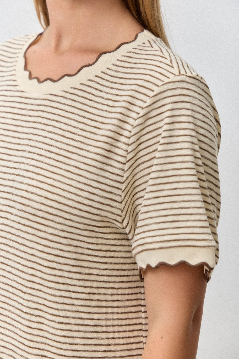 Cream Striped Knit Scallop Accent Maxi Dress
