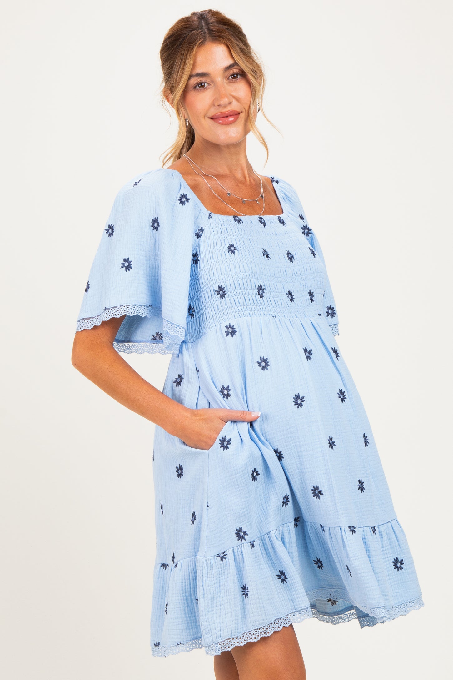 Blue Floral Embroidered Smocked Maternity Dress