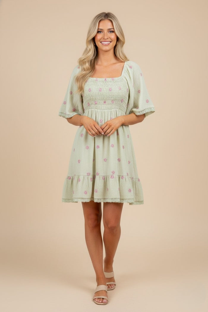 Mint Floral Embroidered Smocked Maternity Dress