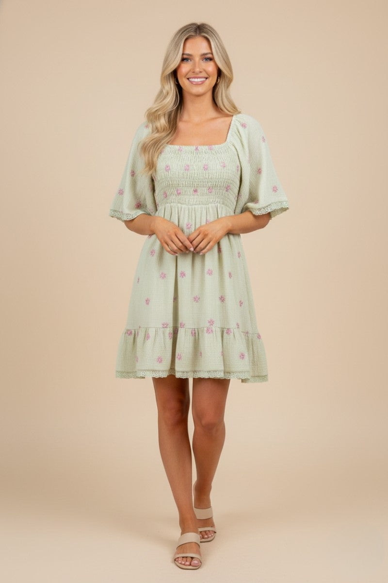 Mint Floral Embroidered Smocked Maternity Dress