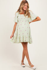 Mint Floral Embroidered Smocked Maternity Dress