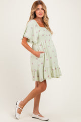Mint Floral Embroidered Smocked Maternity Dress