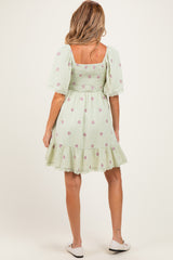 Mint Floral Embroidered Smocked Maternity Dress