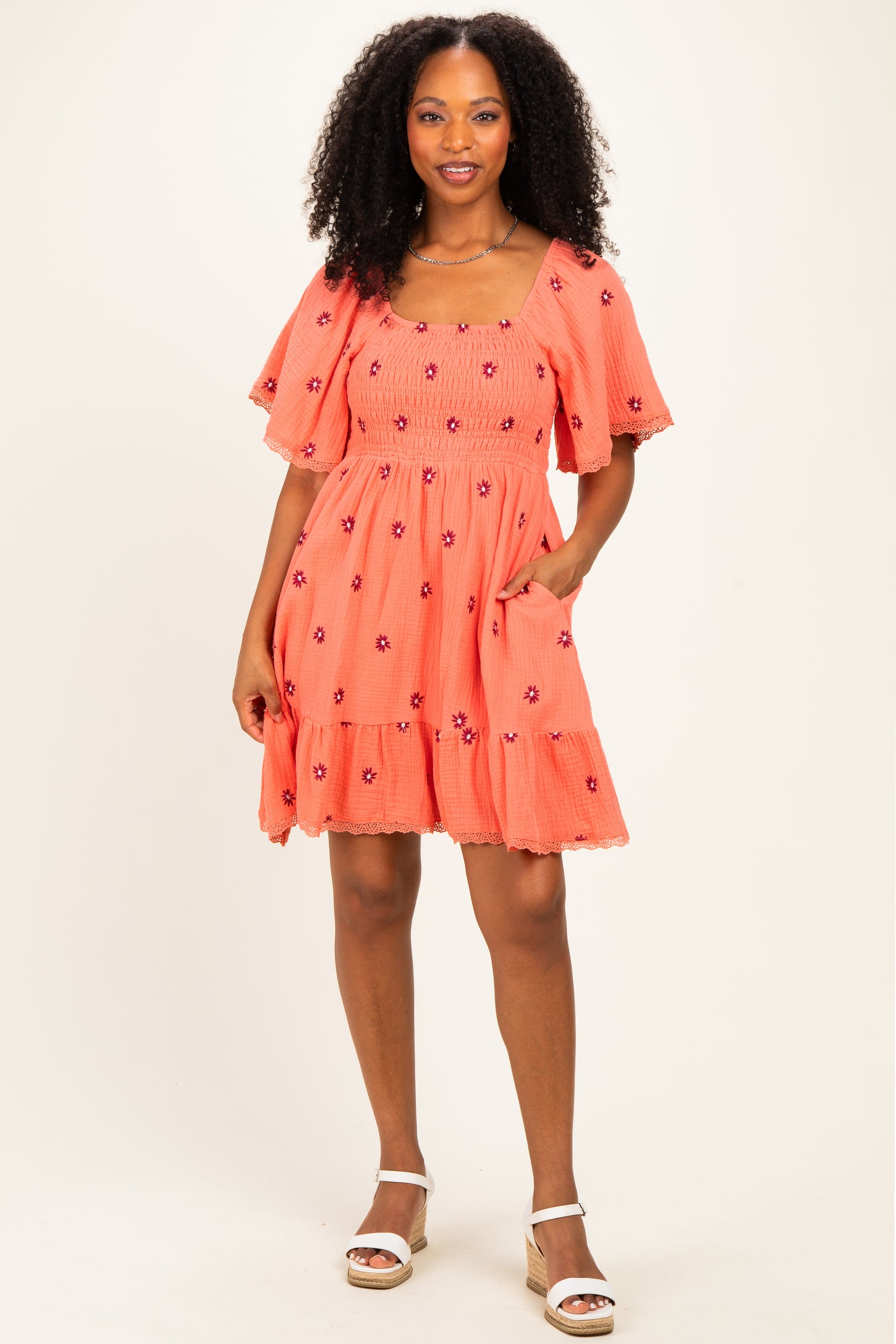 Light Orange Floral Embroidered Smocked Maternity Dress