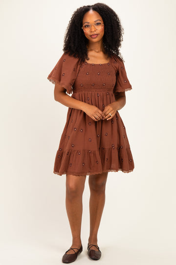 Chocolate Floral Embroidered Smocked Dress