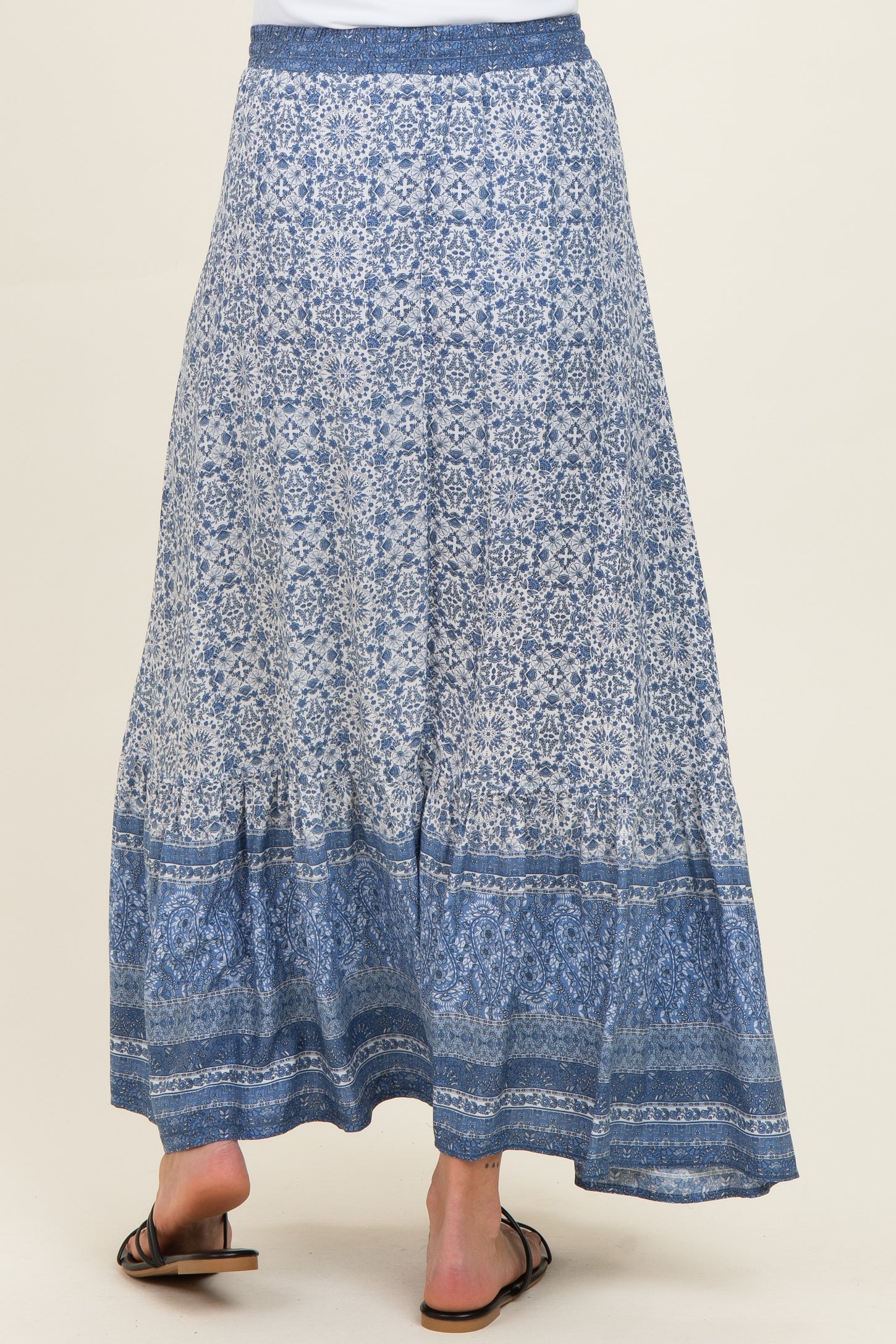 Blue Boho Print Drawstring Smocked Waist Maternity Maxi Skirt