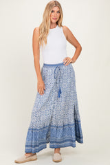 Blue Boho Print Drawstring Smocked Waist Maxi Skirt