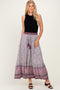 Rose Boho Print Drawstring Smocked Waist Maxi Skirt