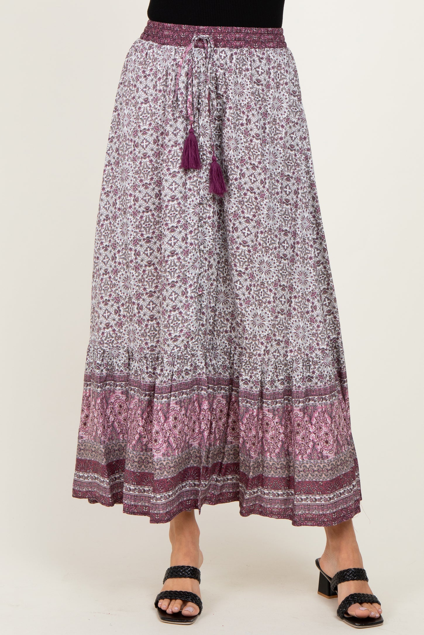 Rose Boho Print Drawstring Smocked Waist Maxi Skirt